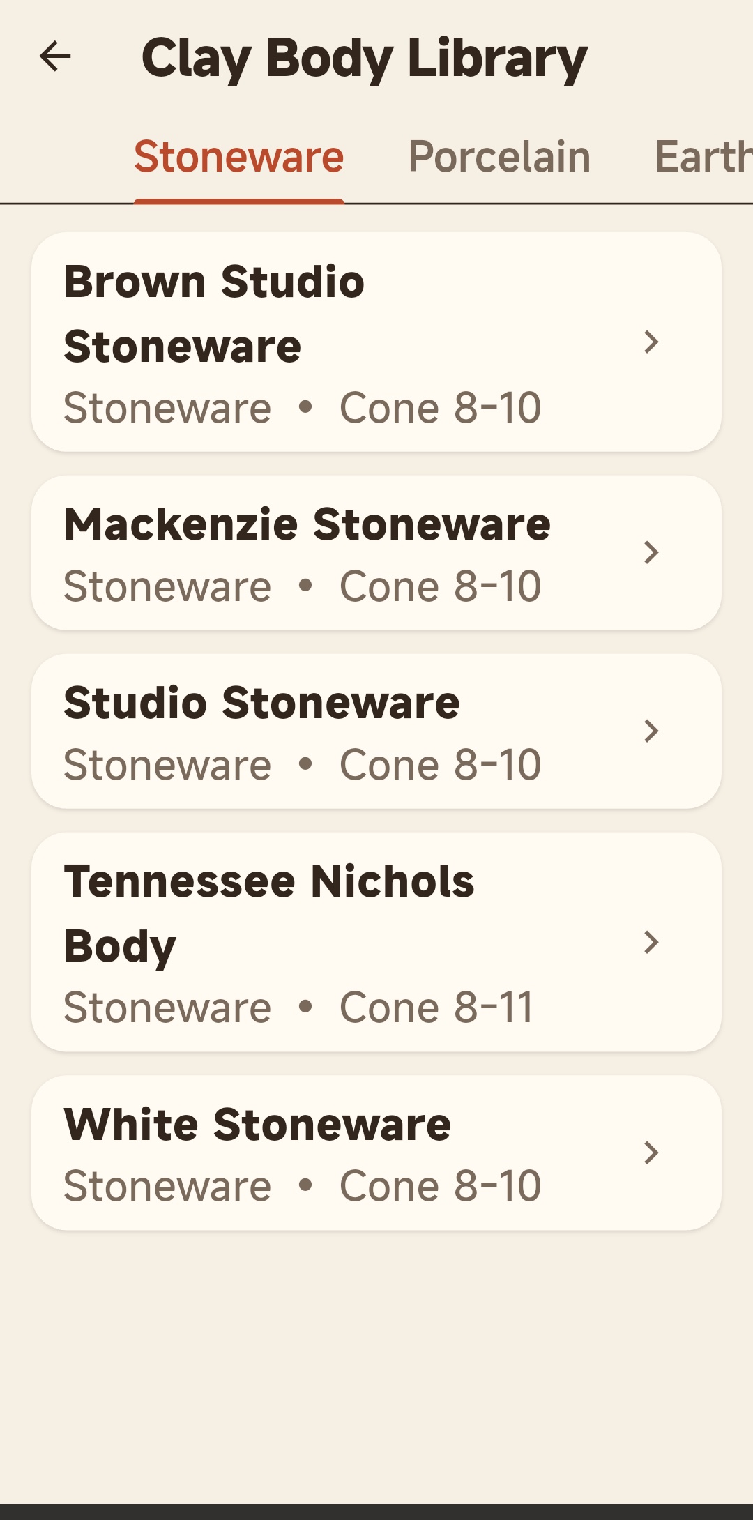 Clay Body Library screen in the Cerennics app showing stoneware recipes